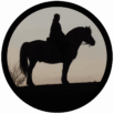 Silhouette einer Person, die auf einem Pferd sitzt, vor einem sanft beleuchteten Abendhimmel
